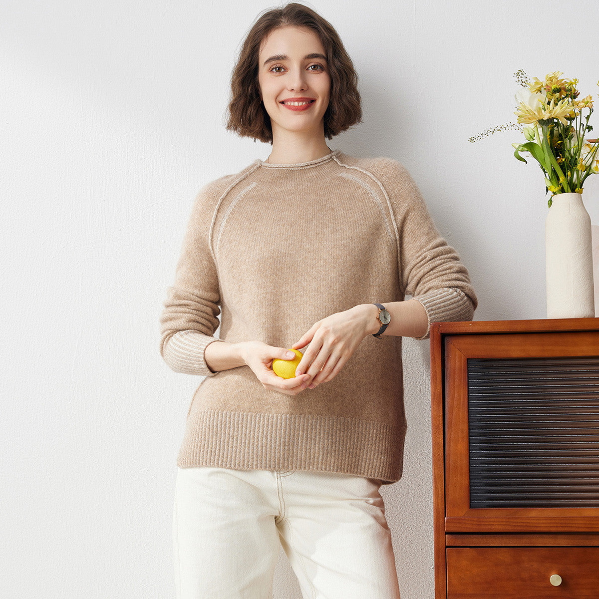 100% Cashmere Crew Neck Unique Seam Sweater