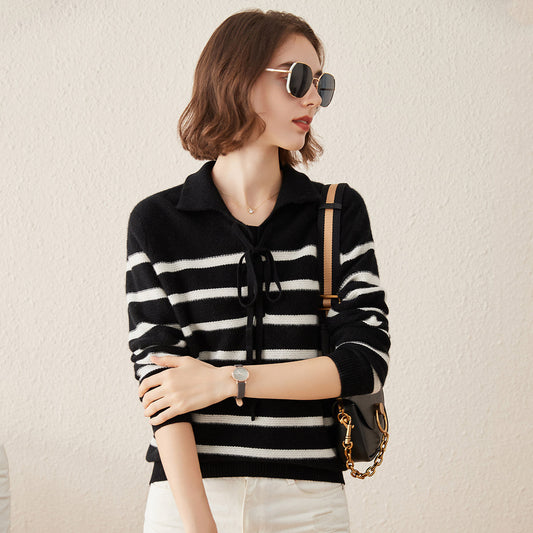 100% Cashmere Striped Lace-up Collar Sweater