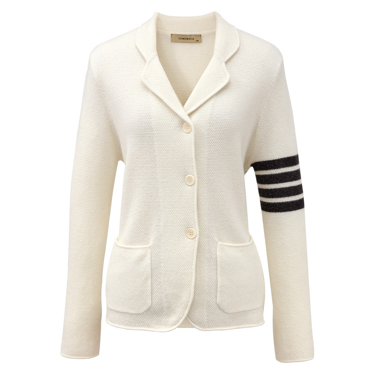 100% Cashmere Knitted Cardigan with Pockets and Striped Sleeve Detail