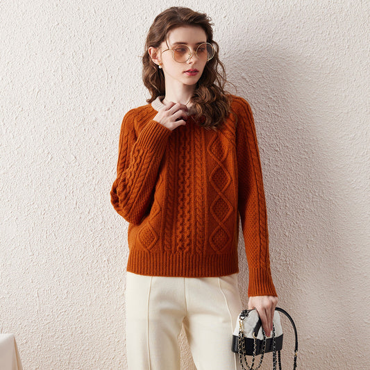 100% Wool Contrast Color Cable Knit Sweater