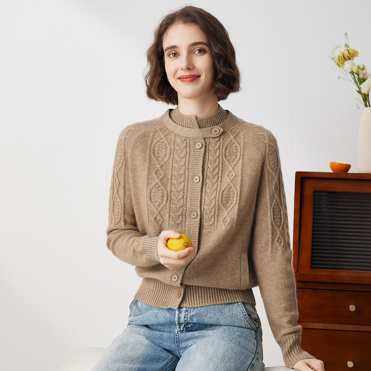 100% Cashmere Elegant Cable Knit Cardigan