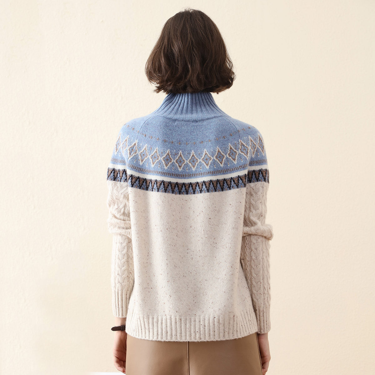 100% Cashmere Mock Neck Nordic Cable Knit Sweater