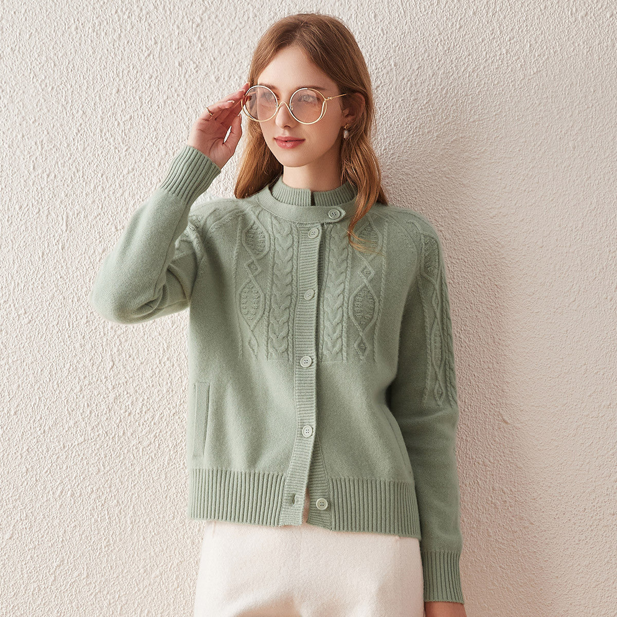 100% Cashmere Elegant Cable Knit Cardigan