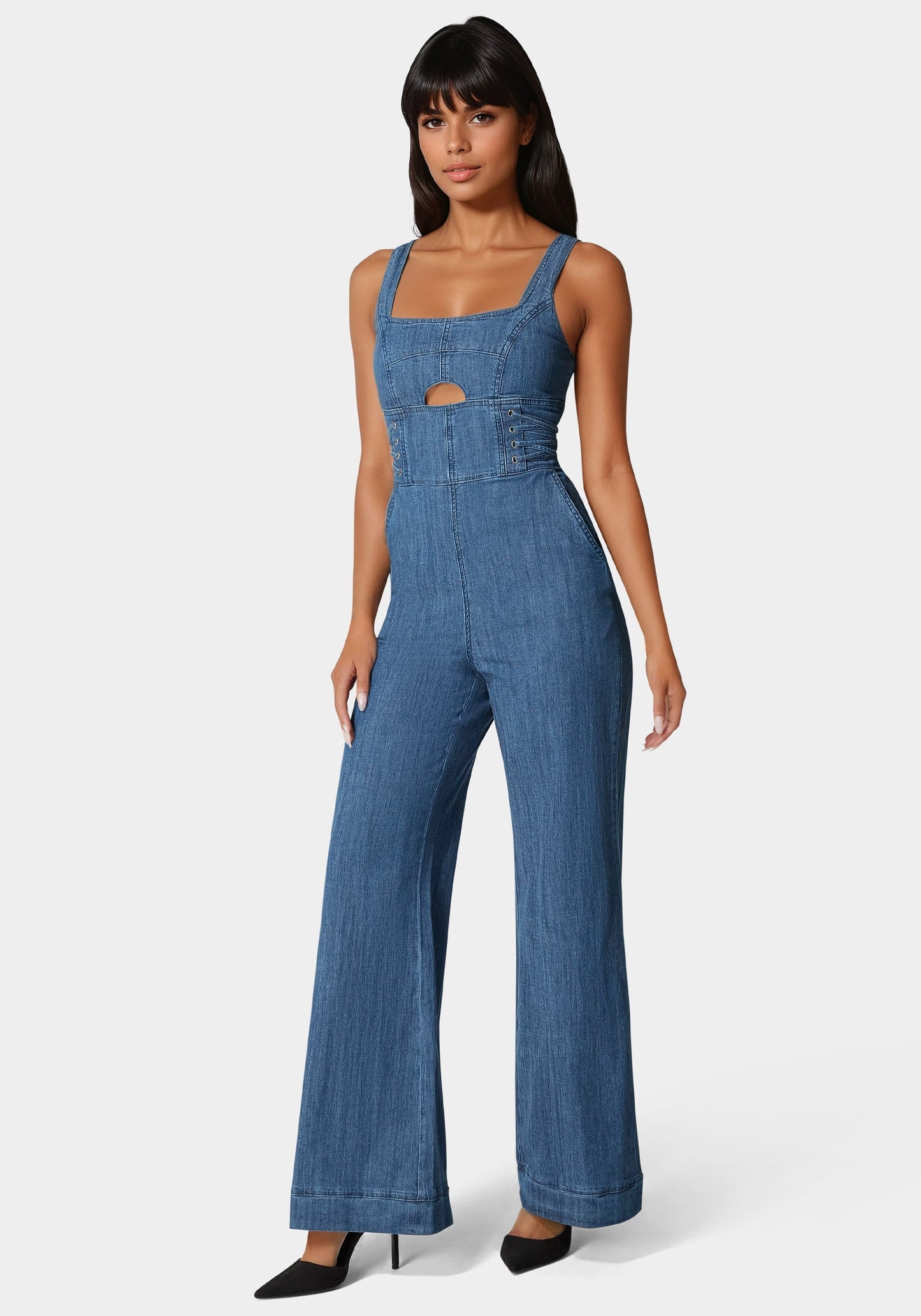 Lace Up Wide Leg Denim Jumpsuit