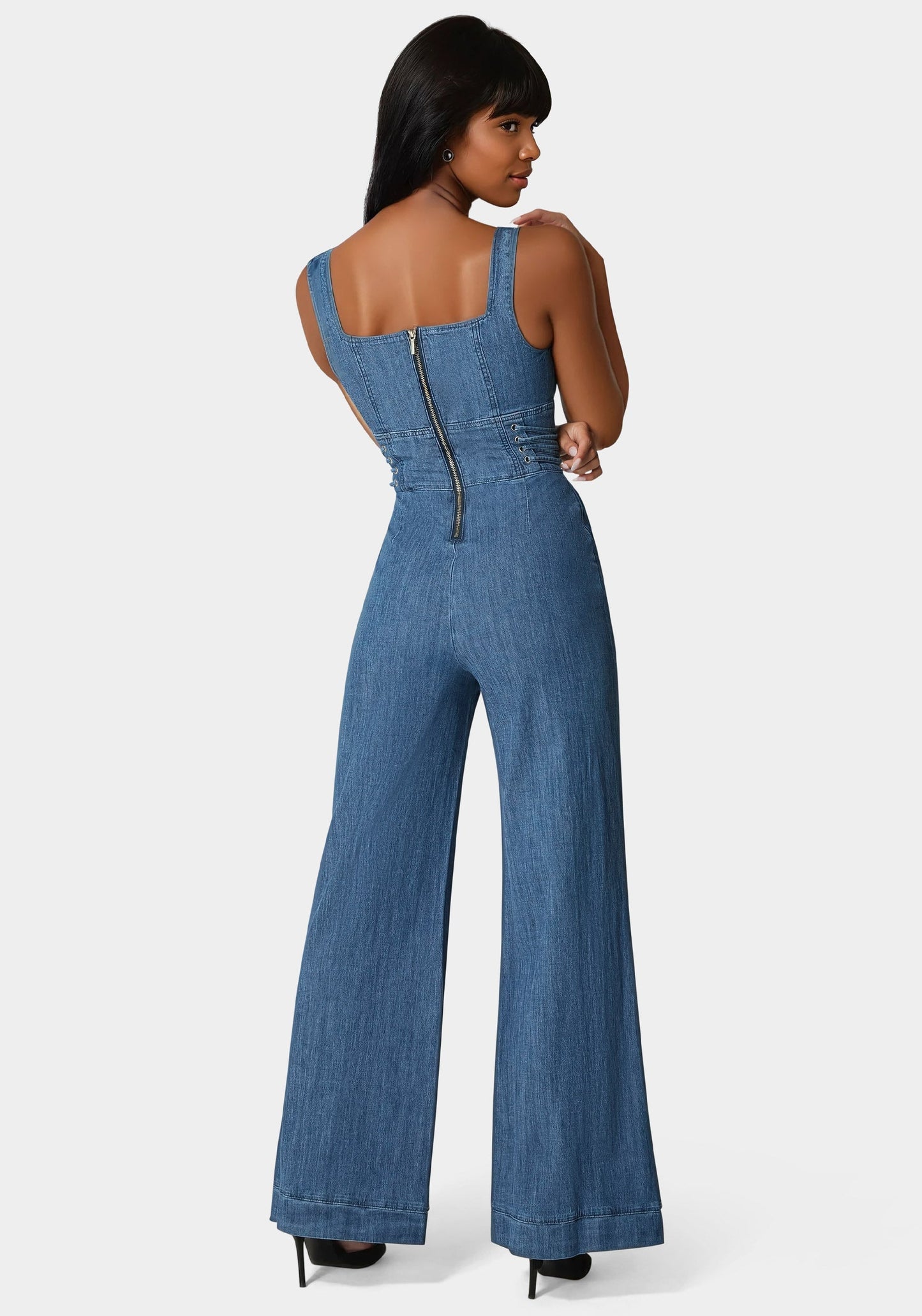 Lace Up Wide Leg Denim Jumpsuit