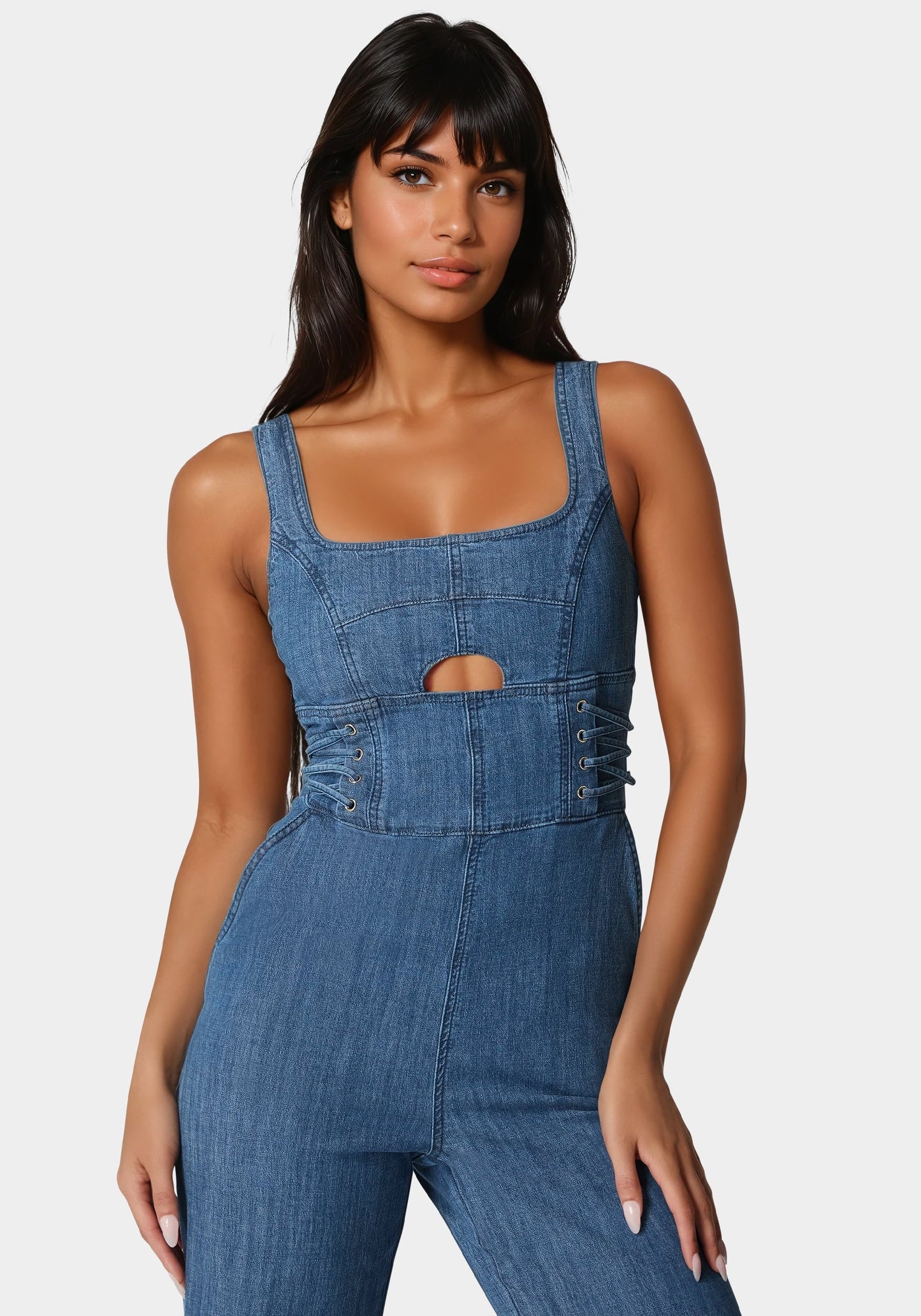 Lace Up Wide Leg Denim Jumpsuit