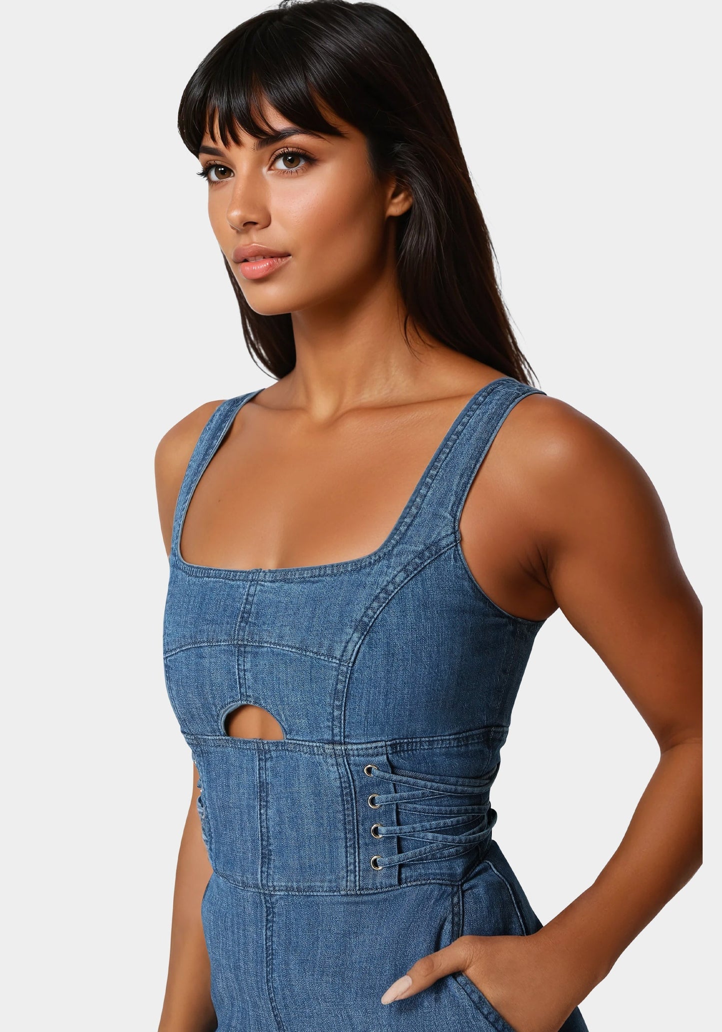 Lace Up Wide Leg Denim Jumpsuit