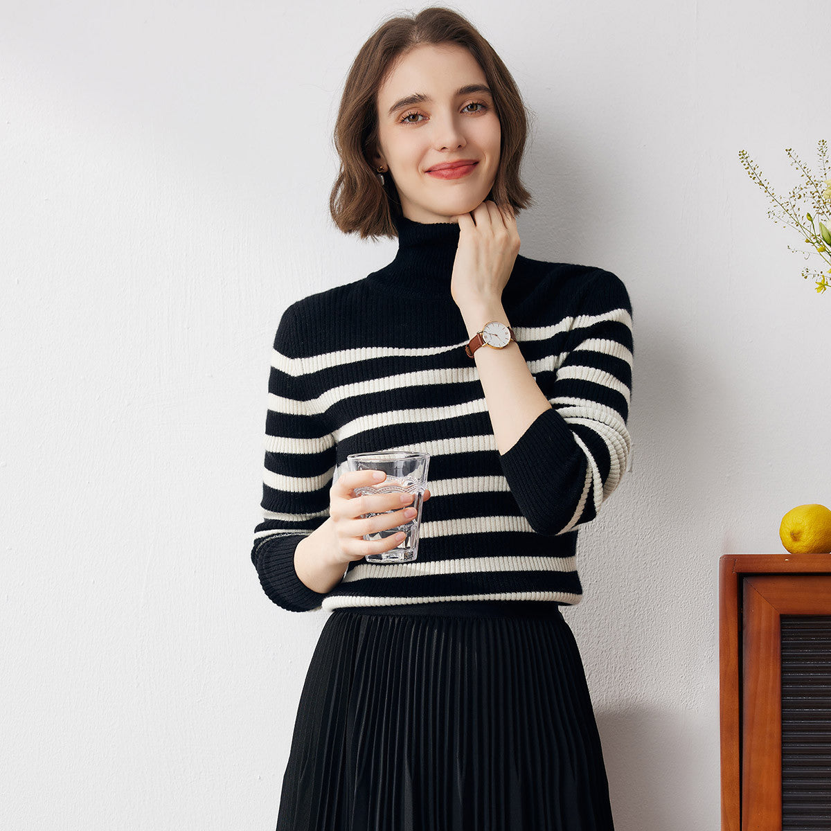 100% Cashmere Striped Turtleneck Knit Sweater