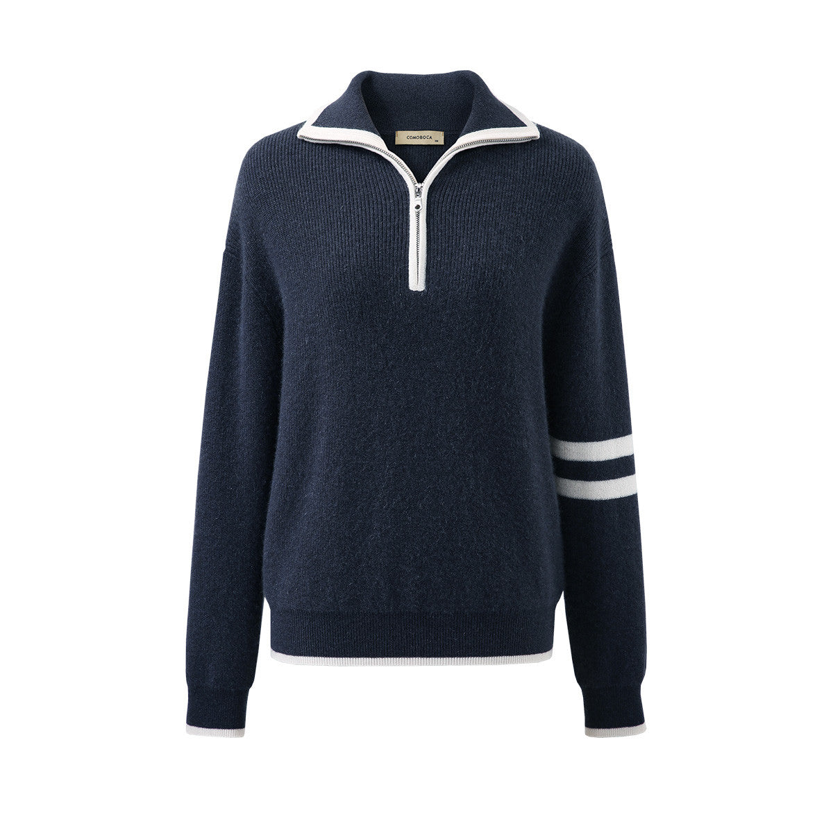 100% Cashmere Contrast Trim Zip-Up Sweater