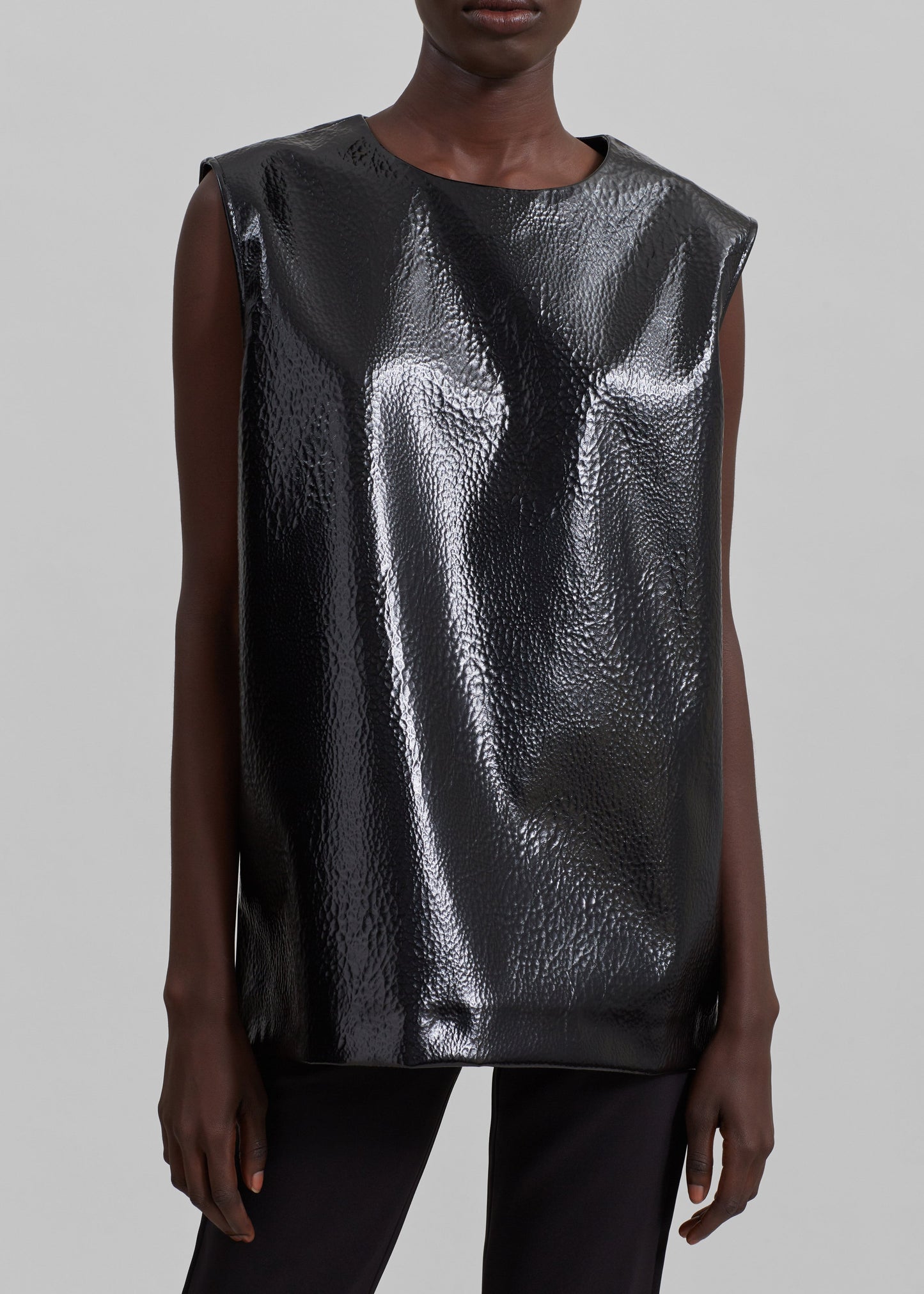 Amaris Crackled Faux Leather Tank Top - Black