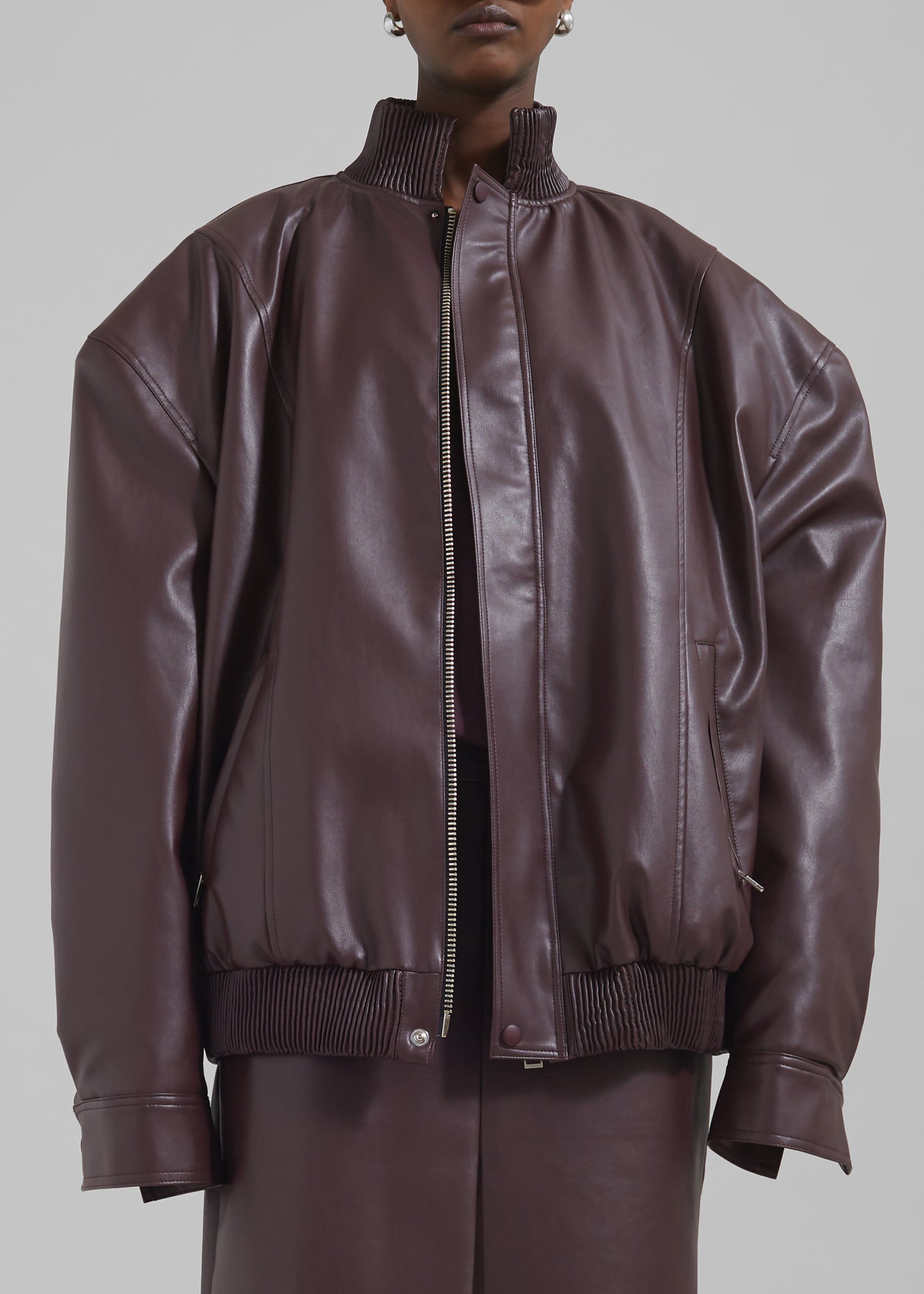 Arley Oversized Faux Leather Bomber - Burgundy