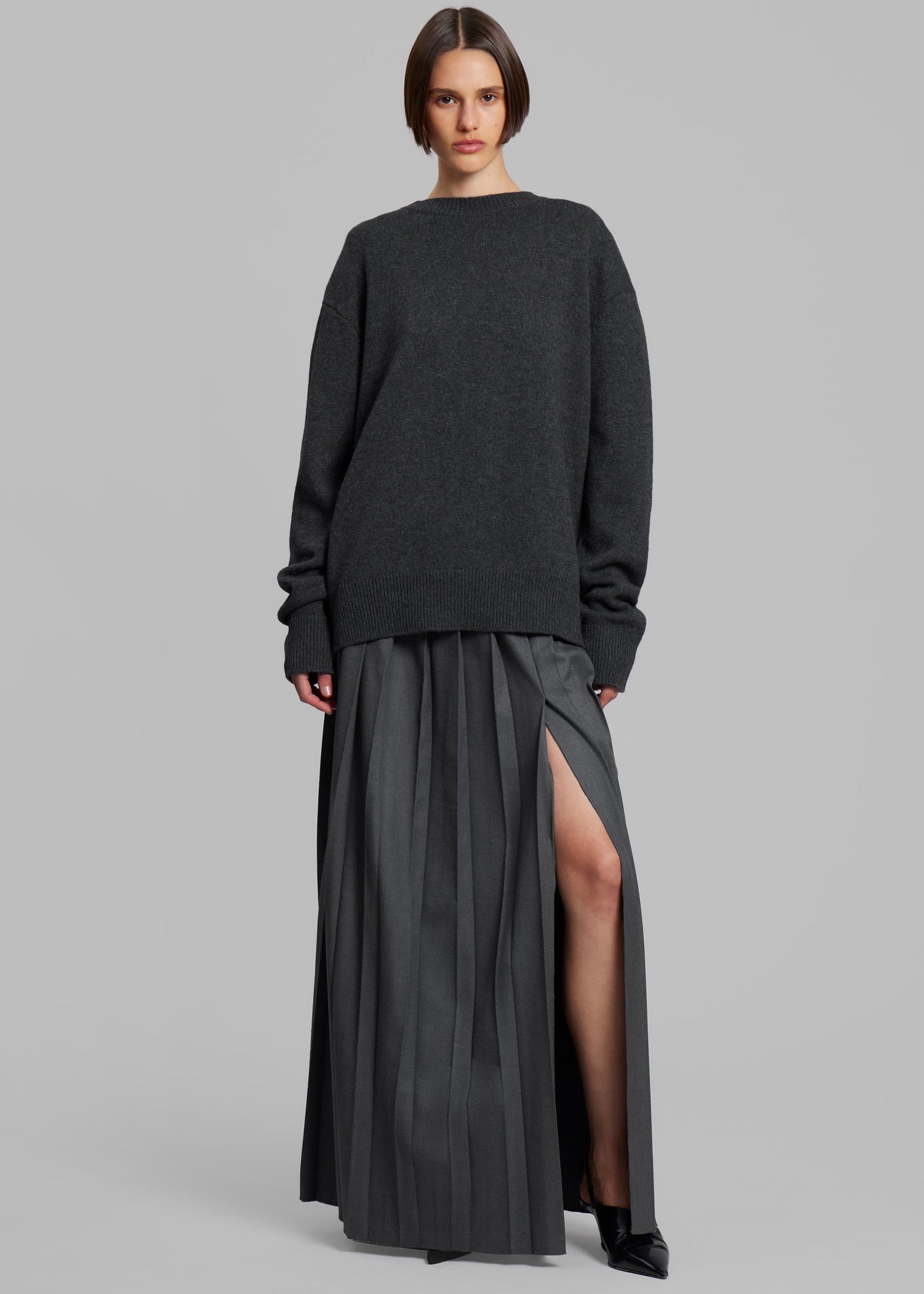 Bailey Long Pleated Skirt - Dark Grey Melange