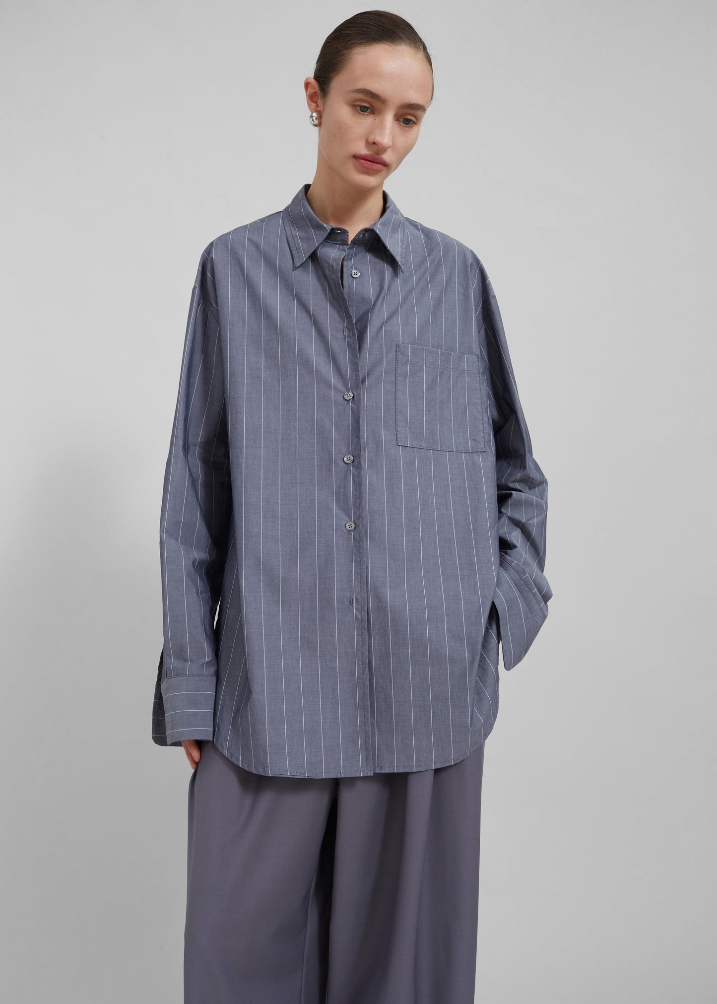 Beatrix Button Up Shirt - Grey/White Pinstripe