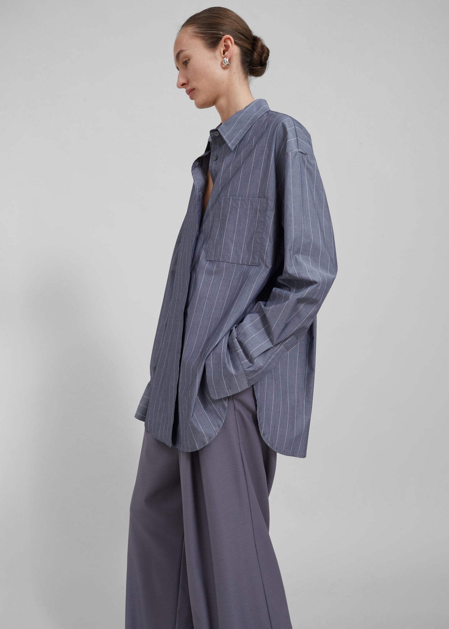 Beatrix Button Up Shirt - Grey/White Pinstripe