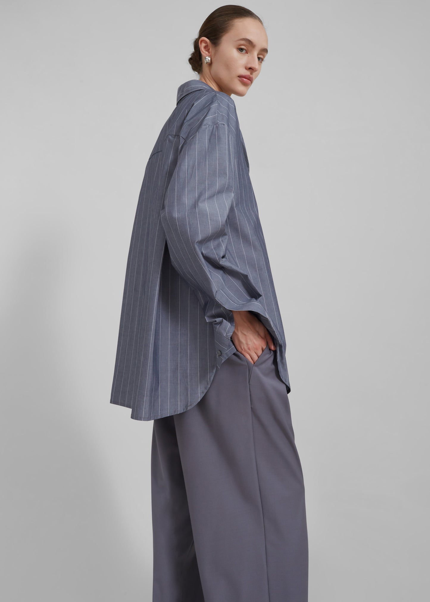 Beatrix Button Up Shirt - Grey/White Pinstripe