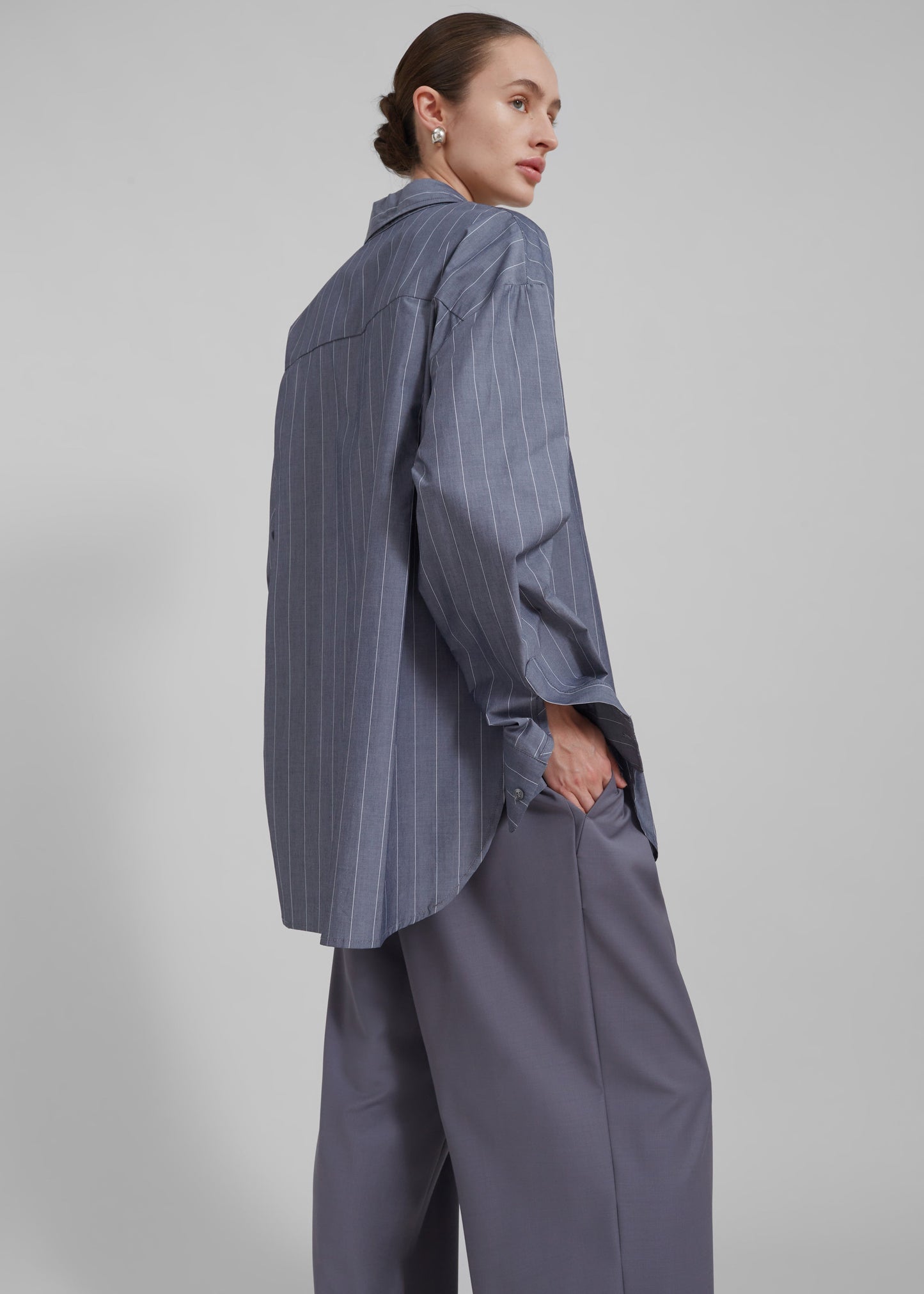 Beatrix Button Up Shirt - Grey/White Pinstripe