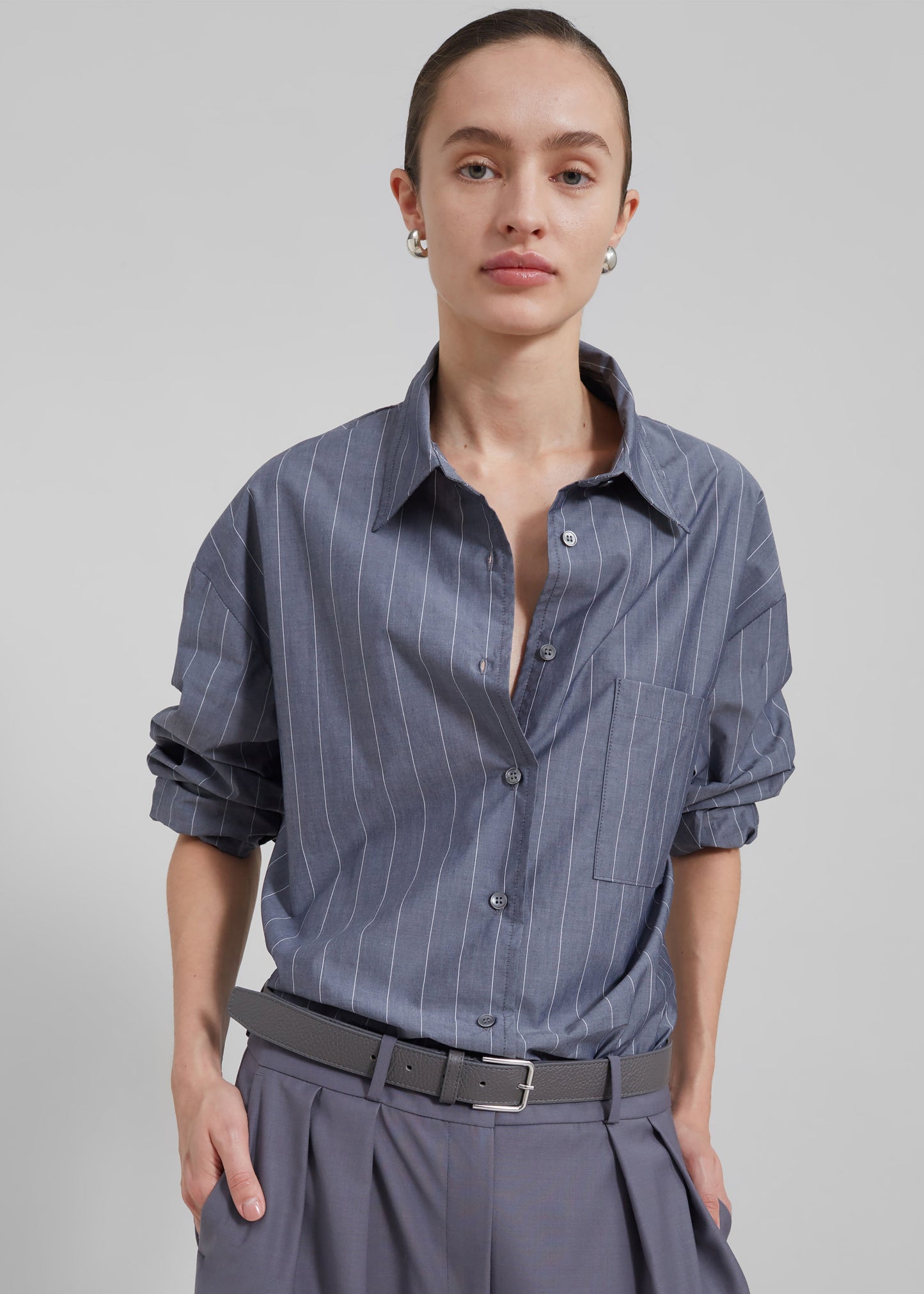 Beatrix Button Up Shirt - Grey/White Pinstripe