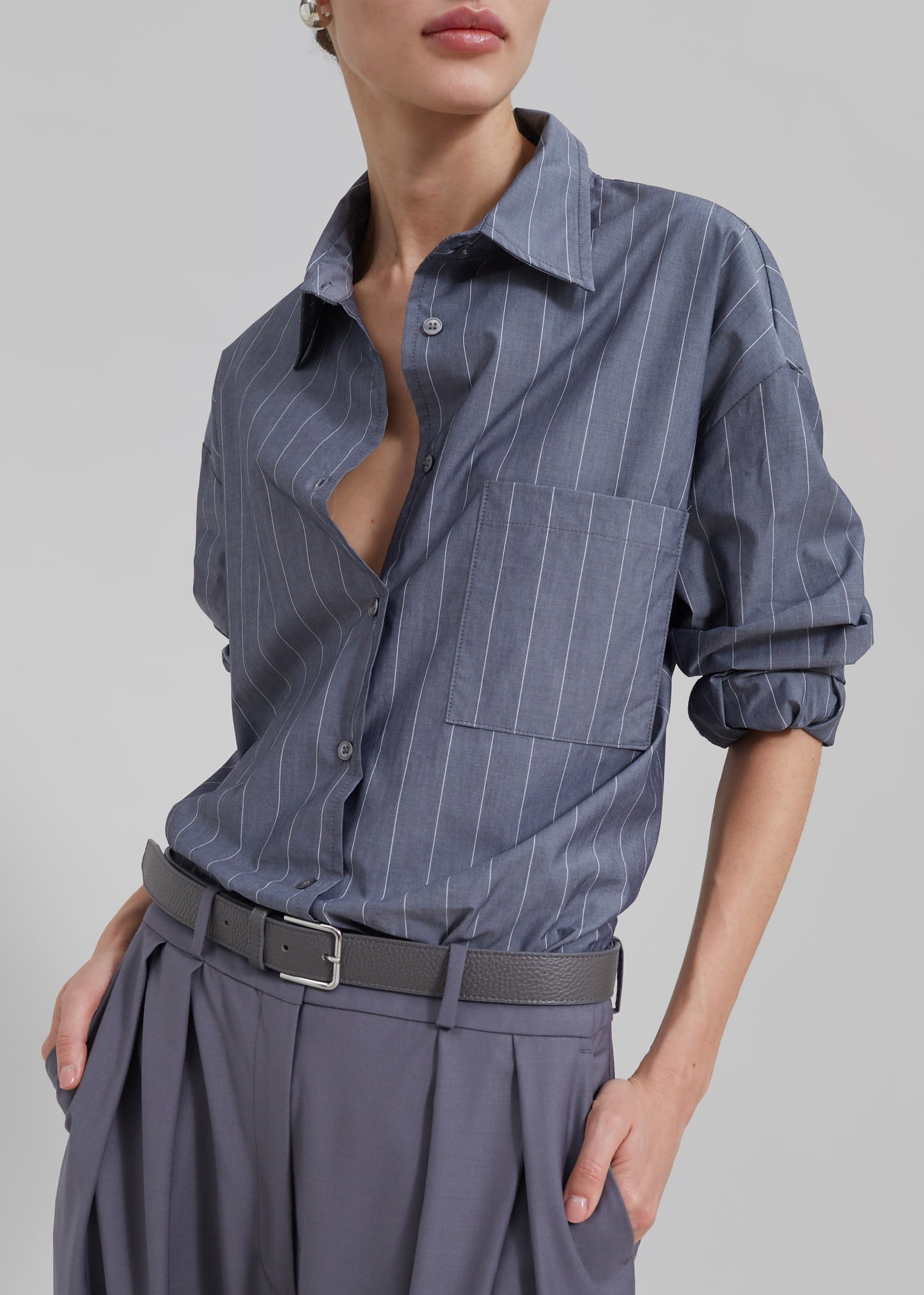 Beatrix Button Up Shirt - Grey/White Pinstripe