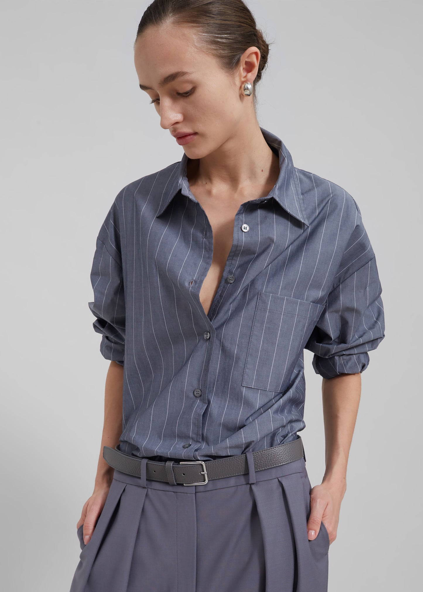 Beatrix Button Up Shirt - Grey/White Pinstripe