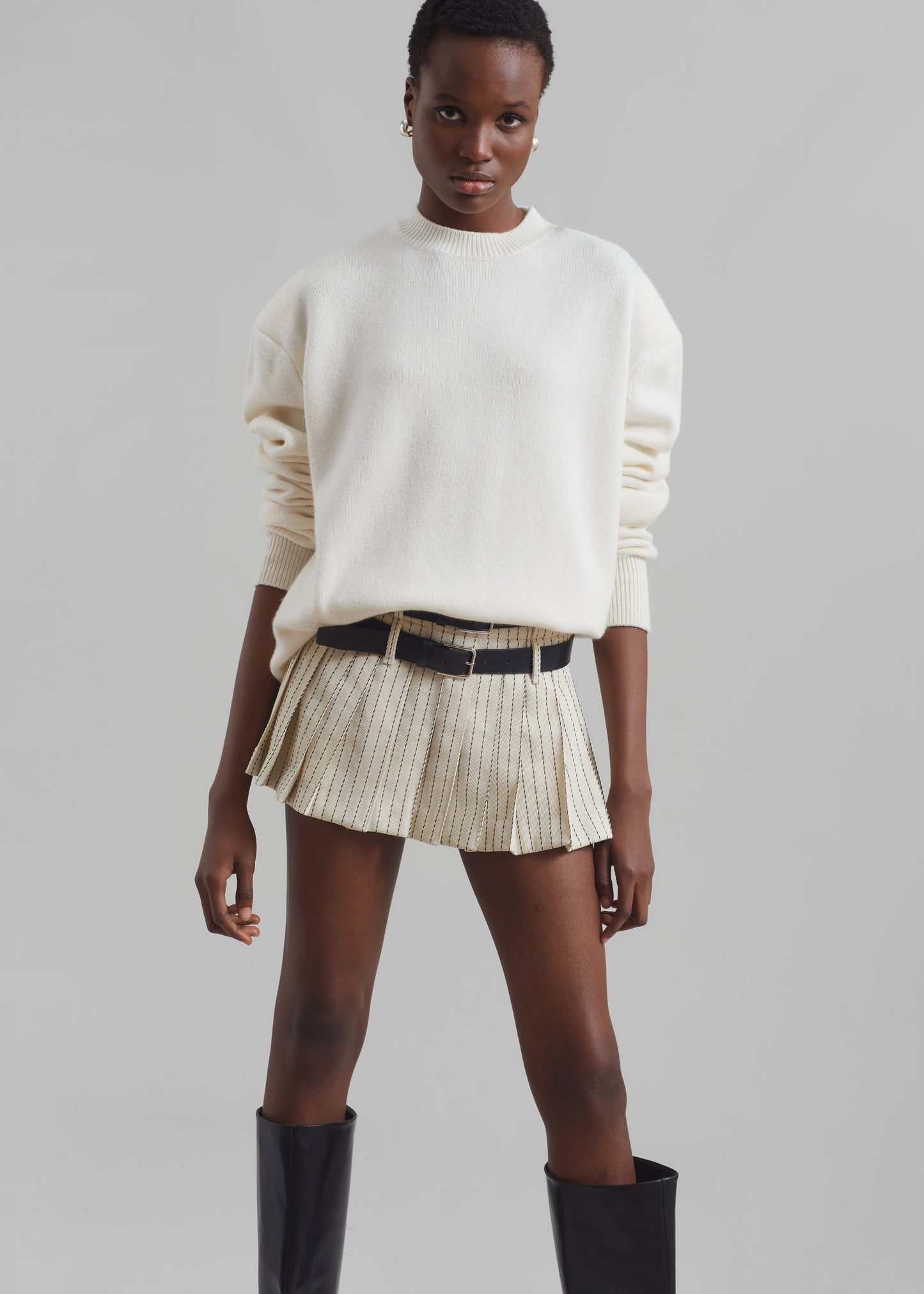 Blake Pleated Twill Mini Skirt - Light Beige/Black Pinstripe