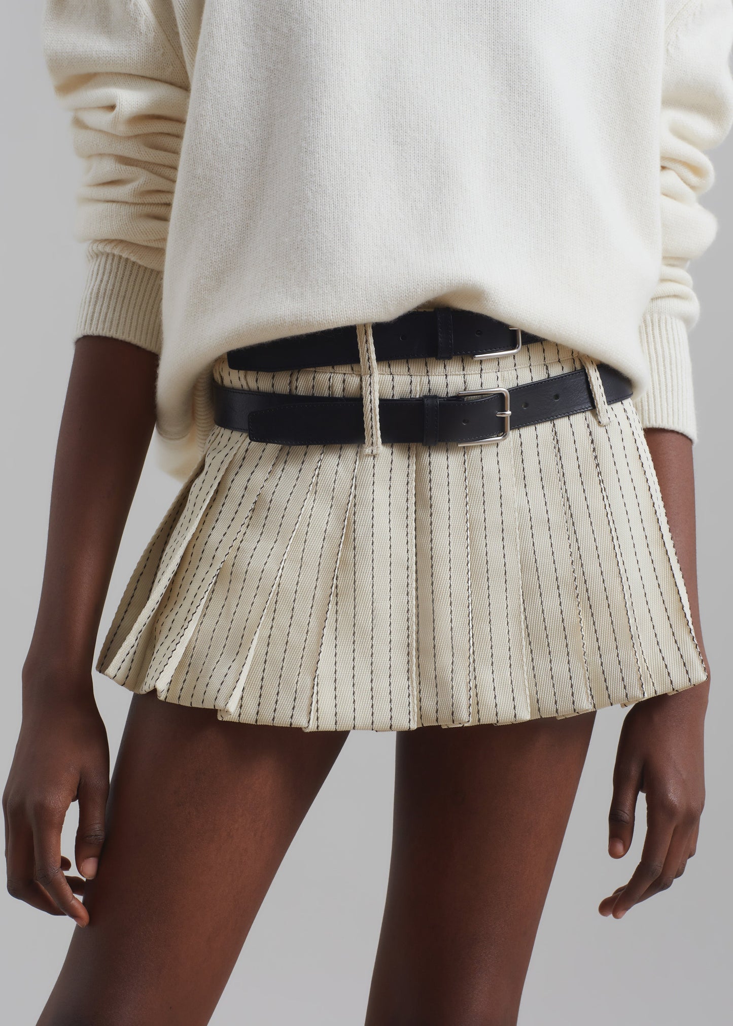 Blake Pleated Twill Mini Skirt - Light Beige/Black Pinstripe