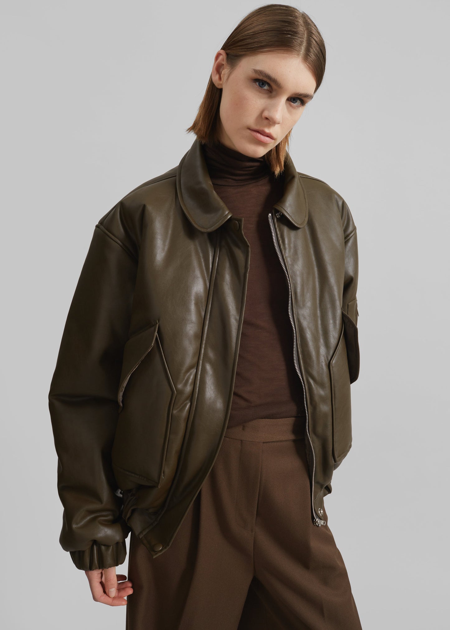 Blane Faux Leather Padded Bomber Jacket - Khaki Brown