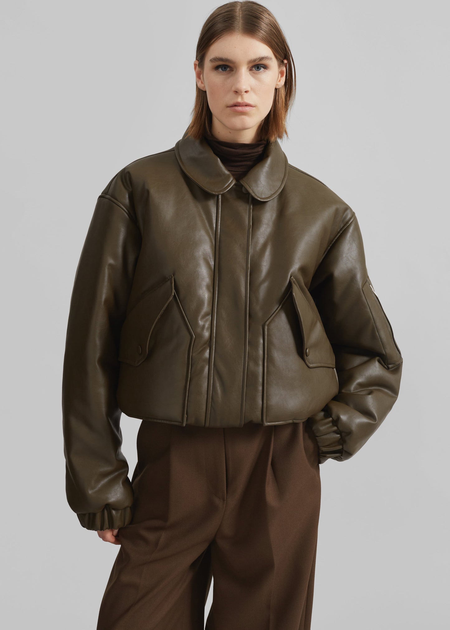 Blane Faux Leather Padded Bomber Jacket - Khaki Brown