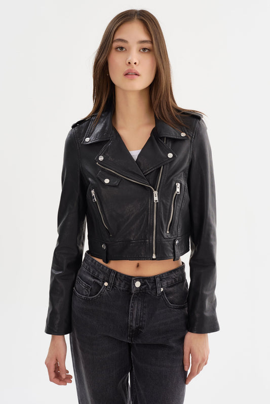 CIARA | Cropped Leather Biker Jacket