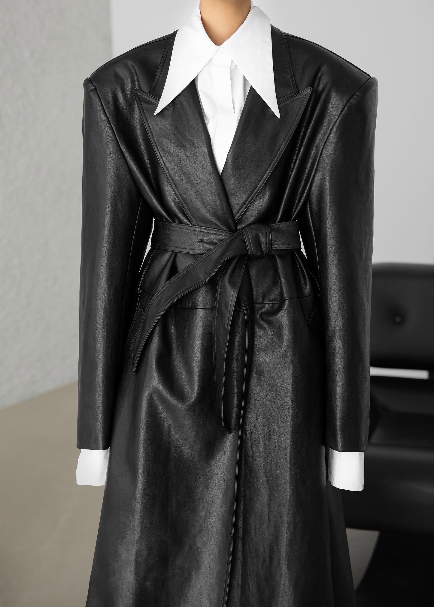 Connie Faux Leather Belted Trench Coat - Black