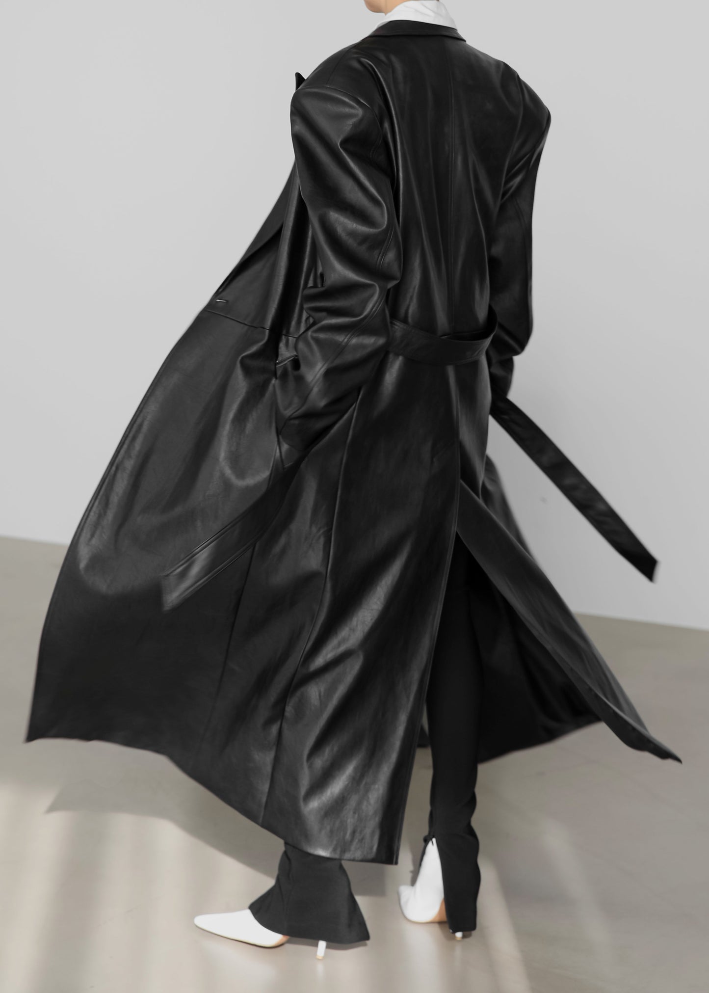 Connie Faux Leather Belted Trench Coat - Black