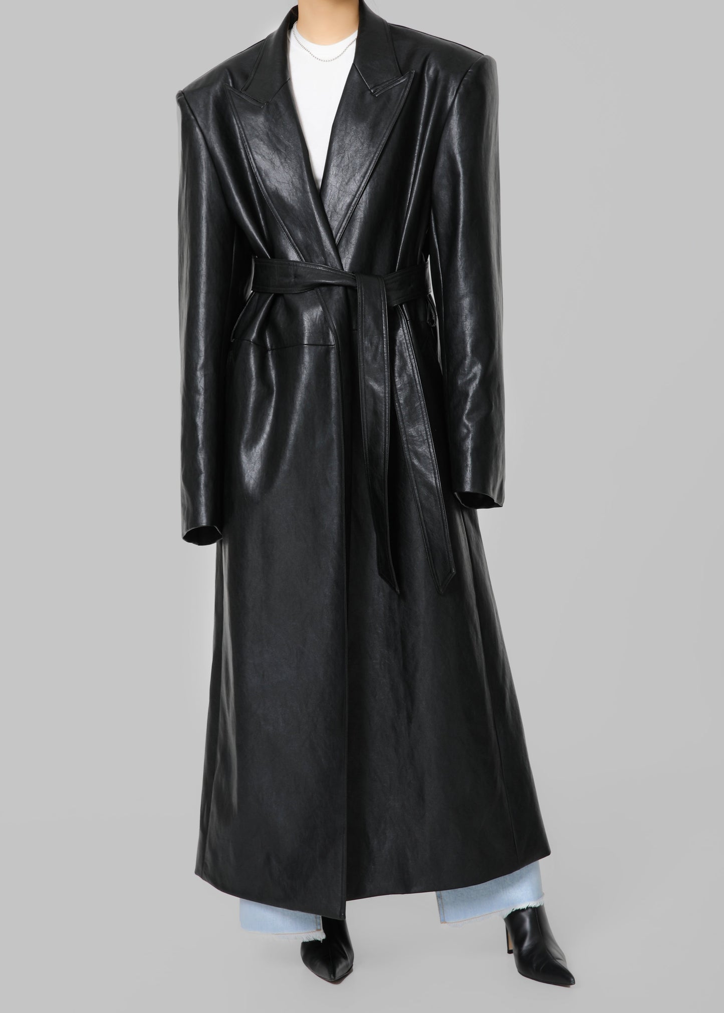 Connie Faux Leather Belted Trench Coat - Black