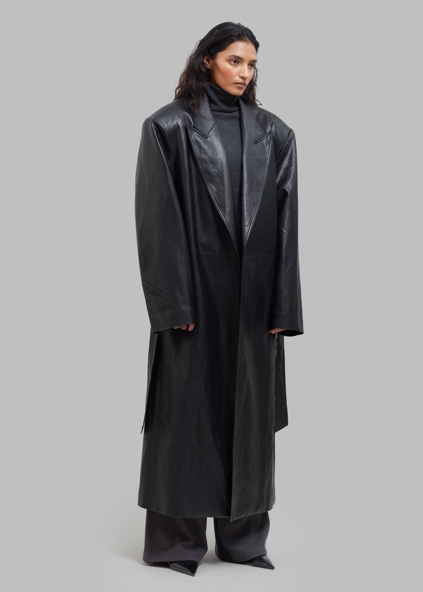 Connie Faux Leather Belted Trench Coat - Black