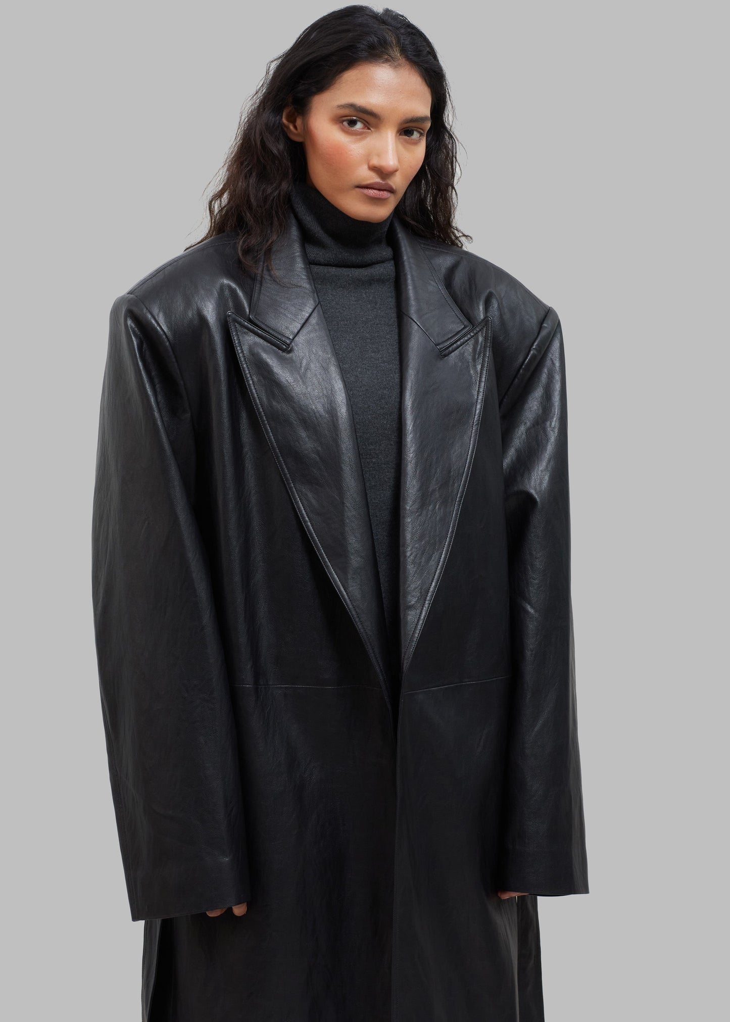 Connie Faux Leather Belted Trench Coat - Black