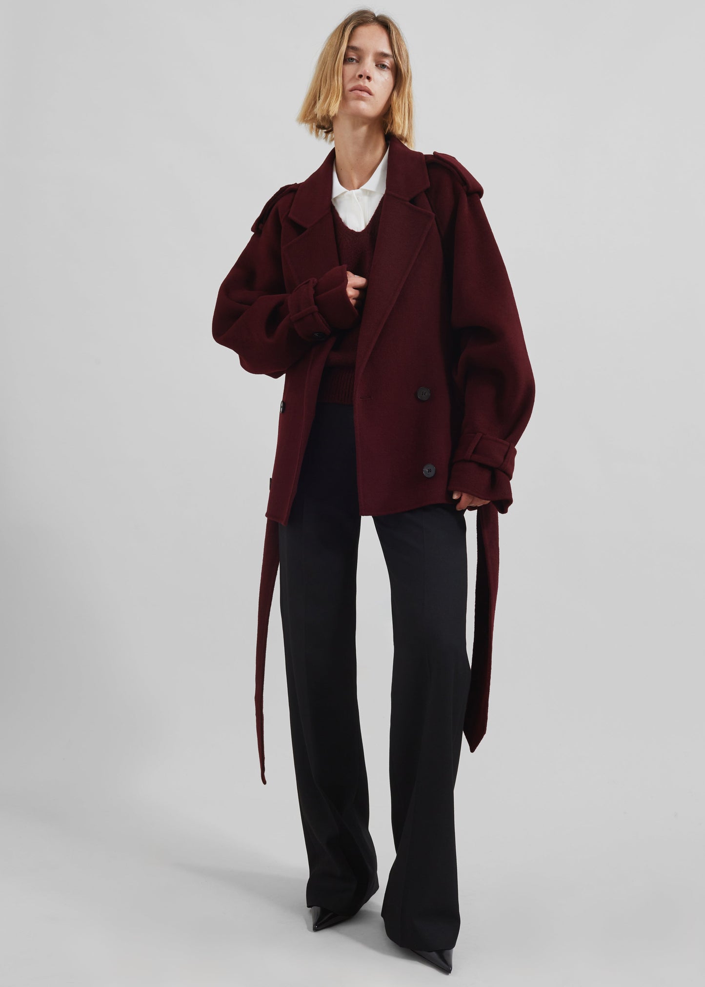 Elys Short Wool Trench - Burgundy