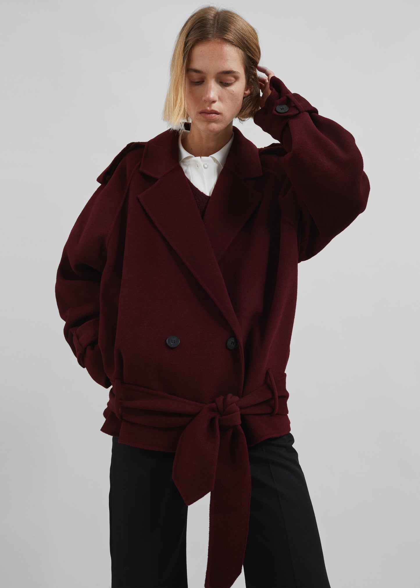 Elys Short Wool Trench - Burgundy