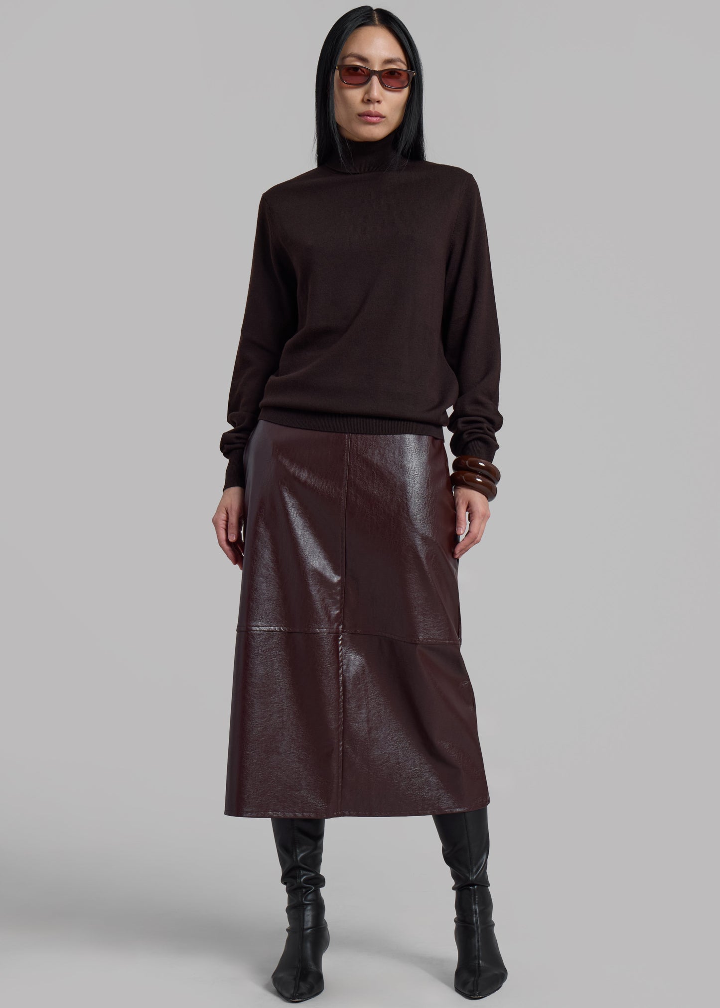 Erminie Midi Faux Leather Skirt - Brown