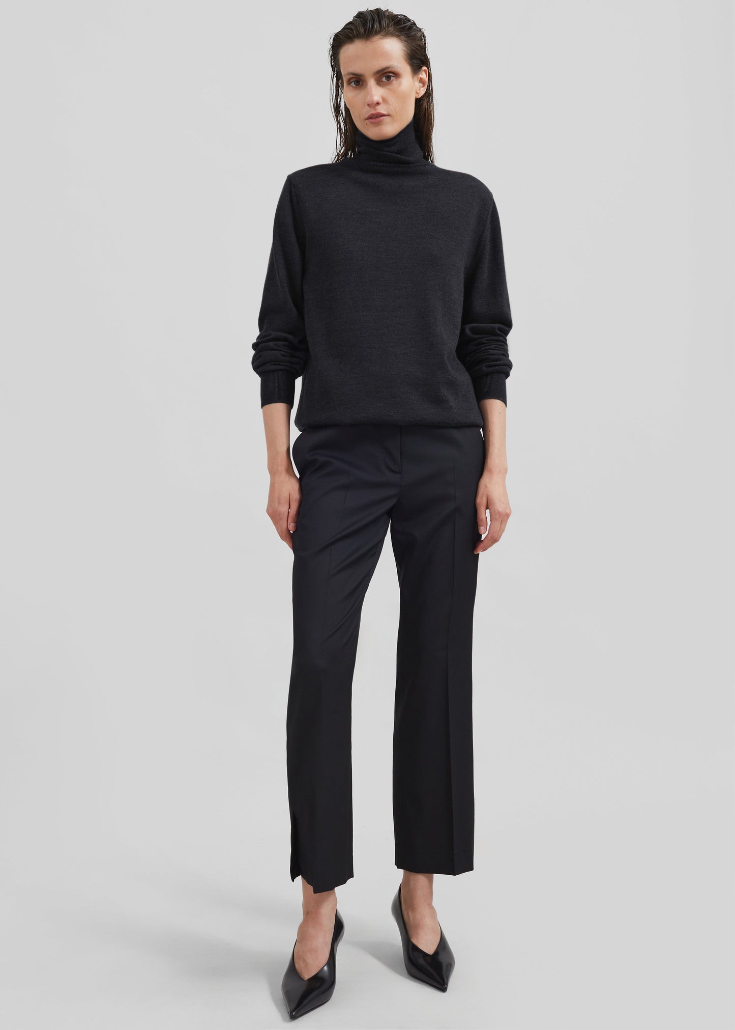 Eve Thin Turtleneck Sweater - Dark Grey Melange