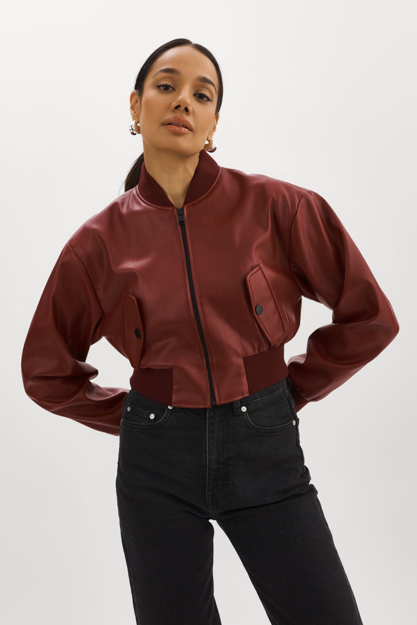 EVELIN | Faux Leather Cropped Bomber