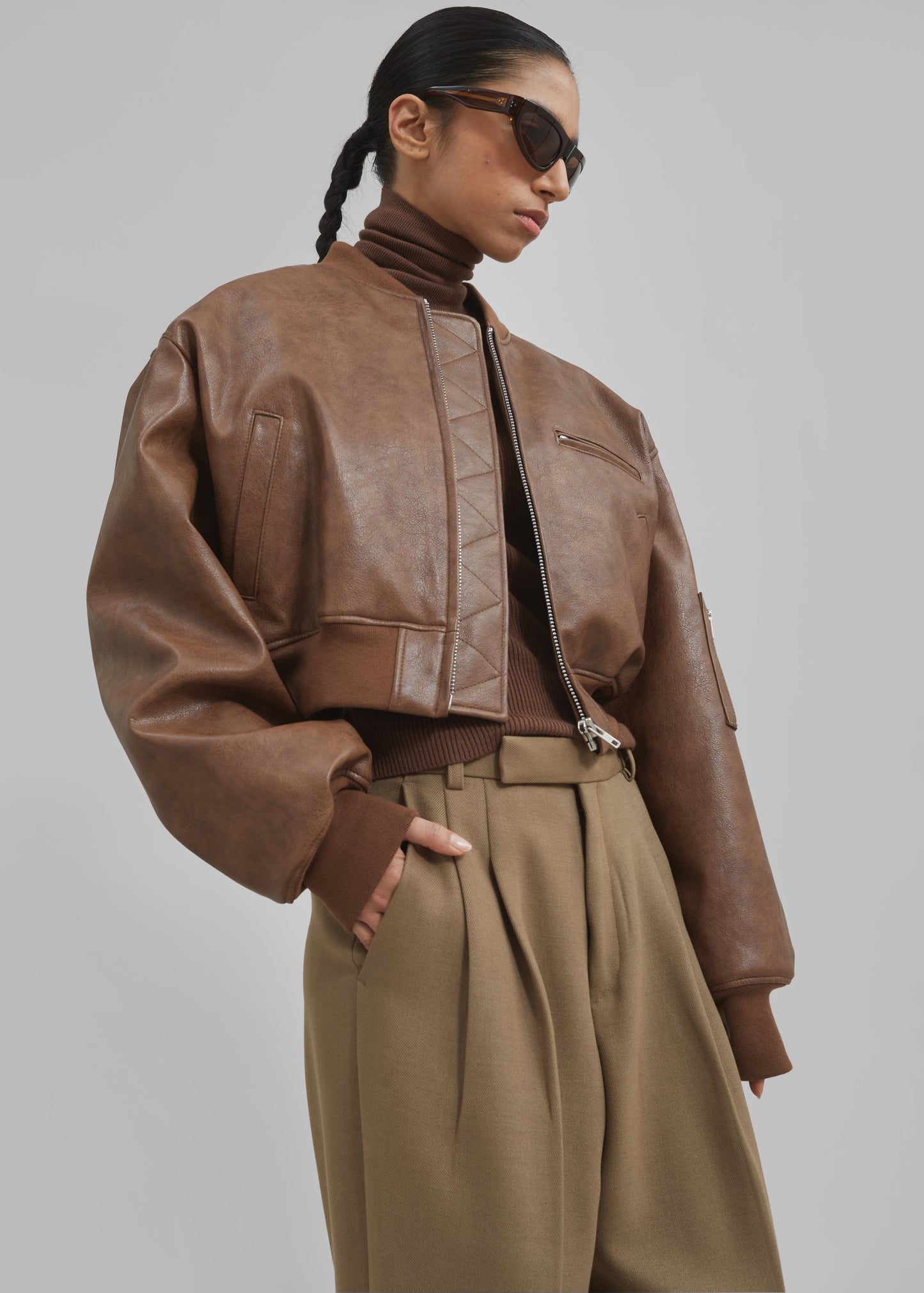 Gae Faux Leather Cropped Bomber - Brown