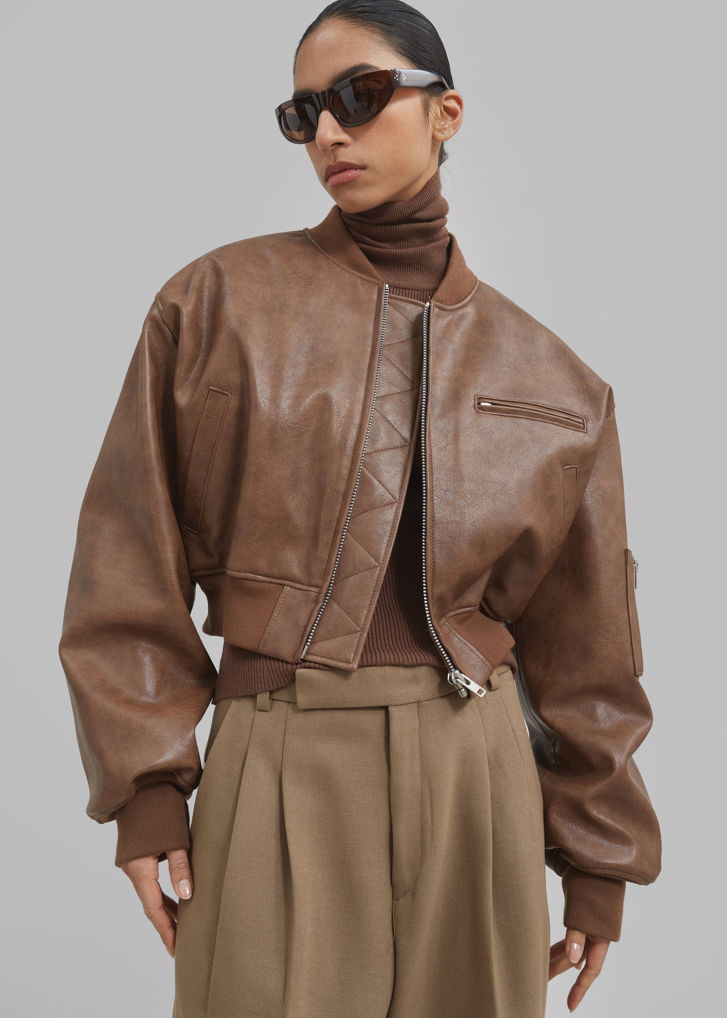 Gae Faux Leather Cropped Bomber - Brown