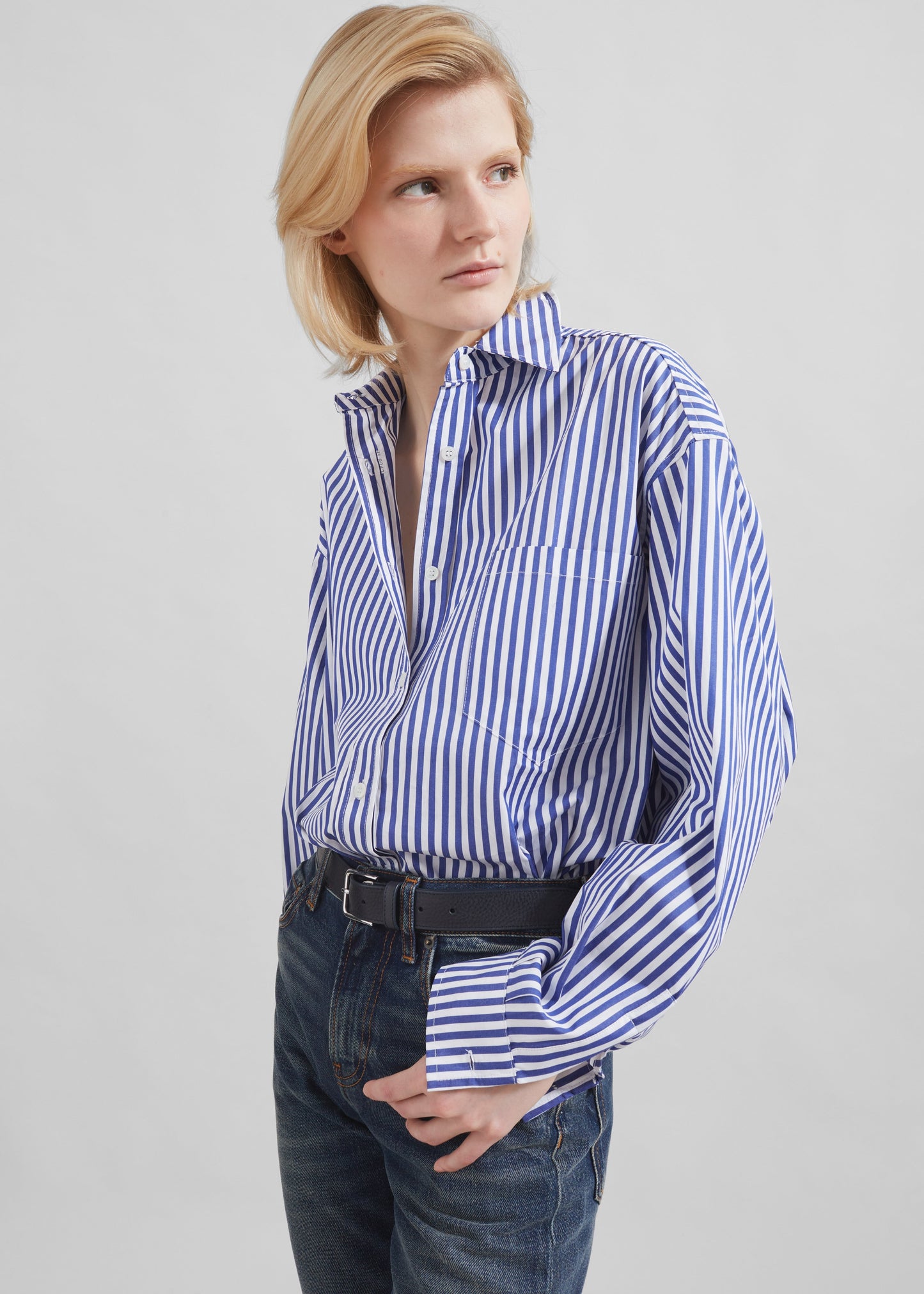 Georgia Boxy Shirt - White/Blue Stripe