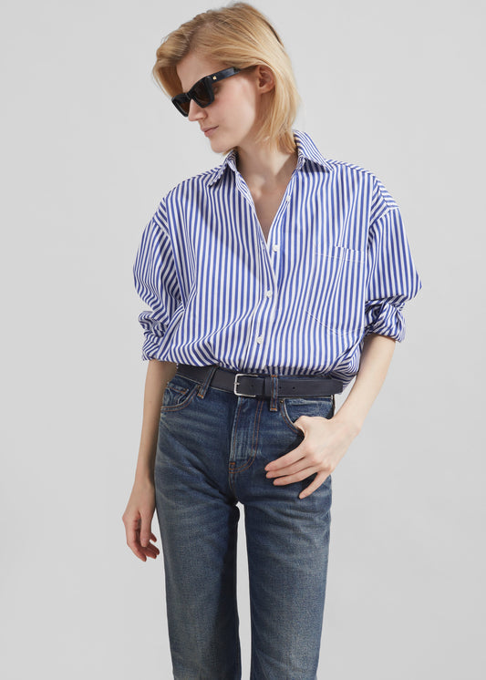 Georgia Boxy Shirt - White/Blue Stripe