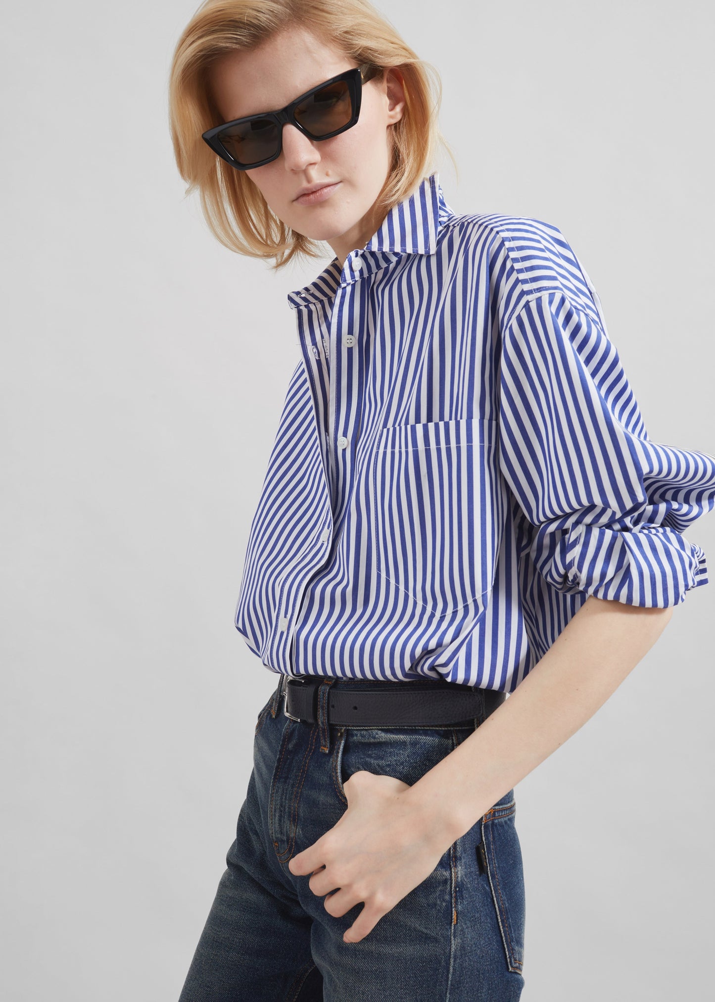 Georgia Boxy Shirt - White/Blue Stripe