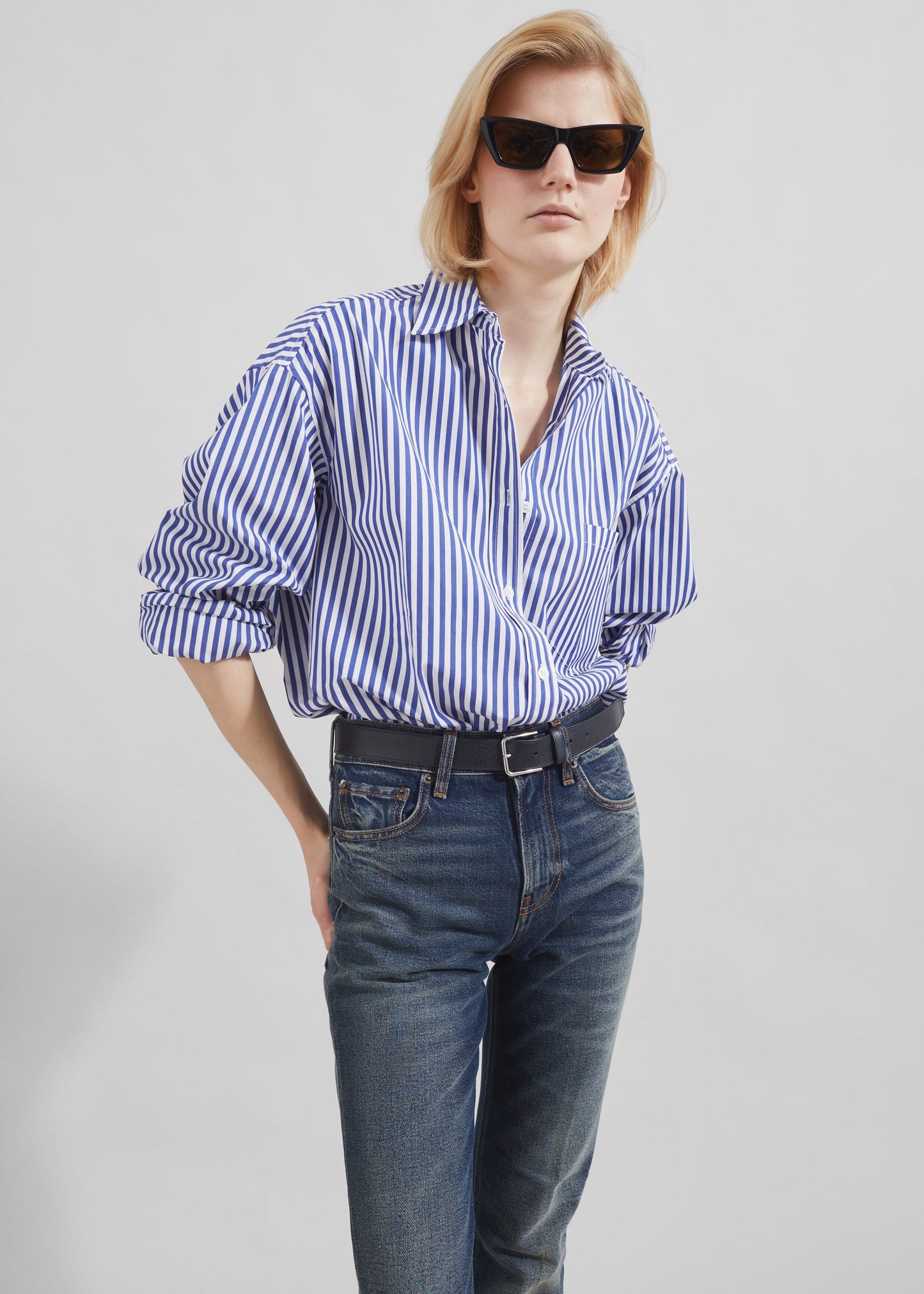 Georgia Boxy Shirt - White/Blue Stripe