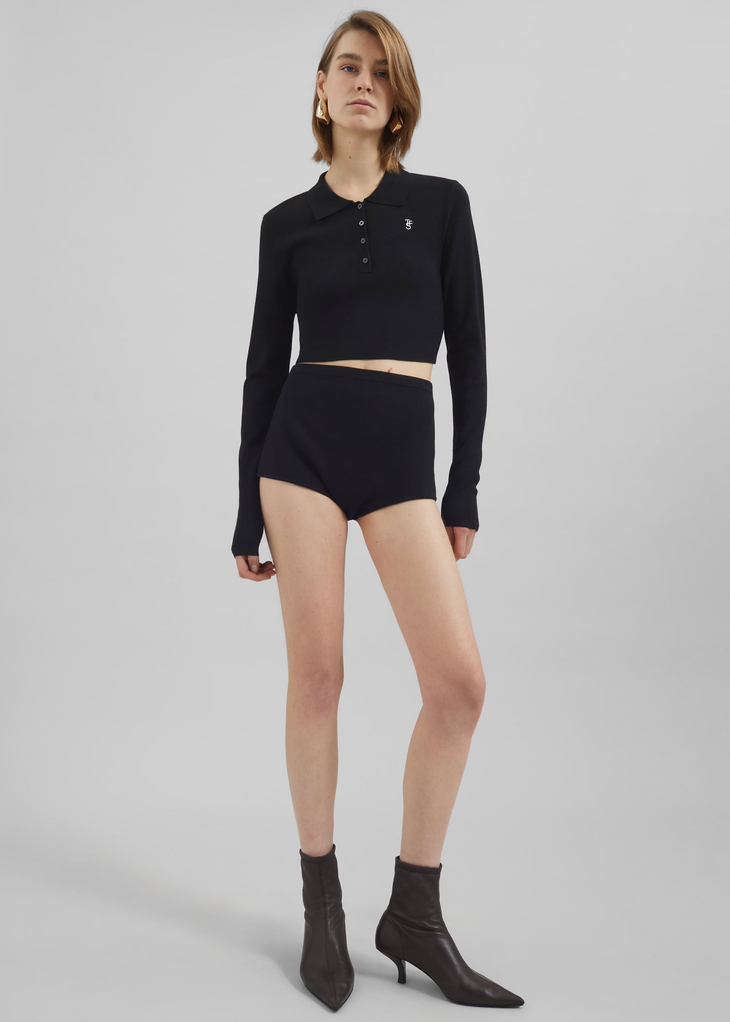 Giselle Cropped Knit Polo - Black