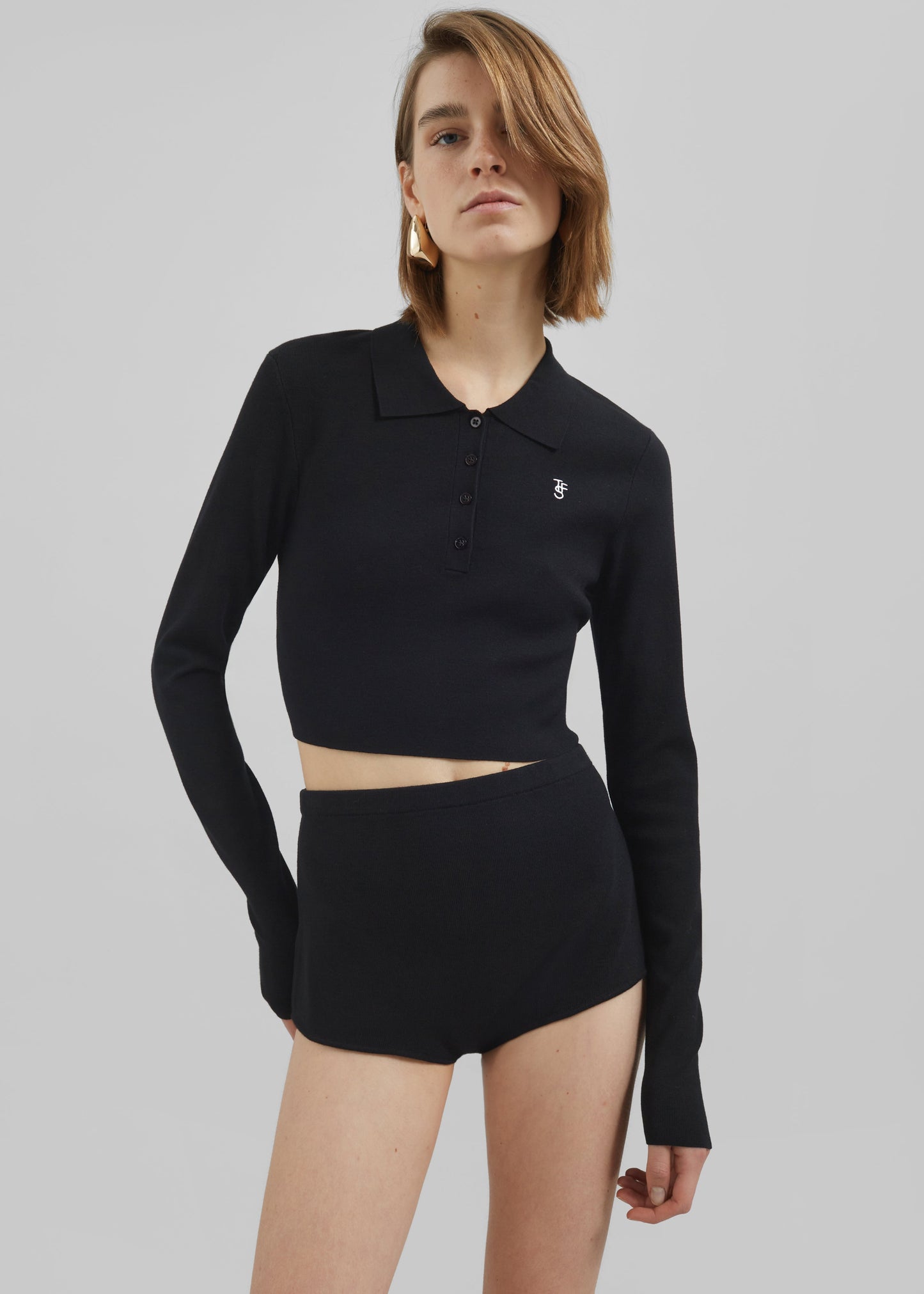 Giselle Cropped Knit Polo - Black