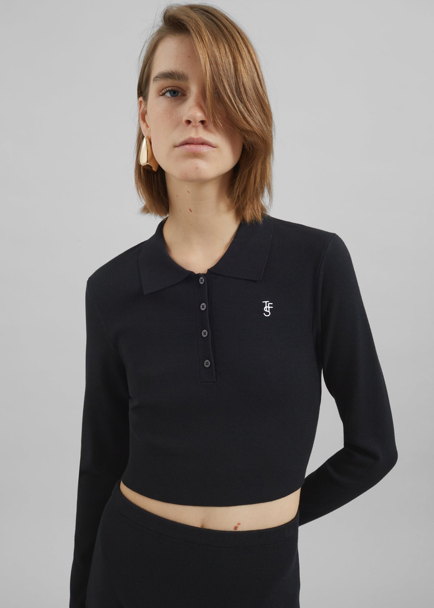 Giselle Cropped Knit Polo - Black