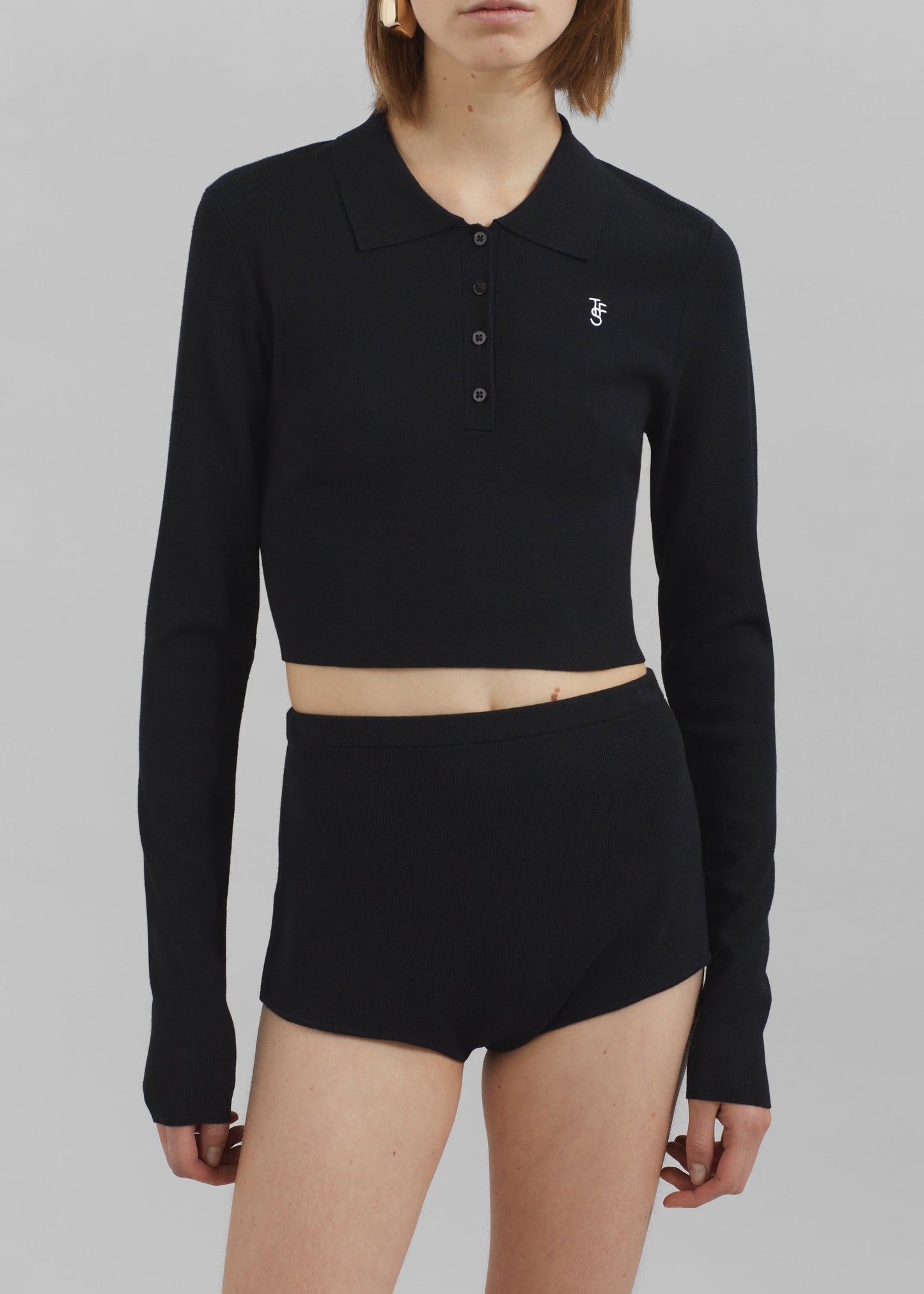 Giselle Cropped Knit Polo - Black