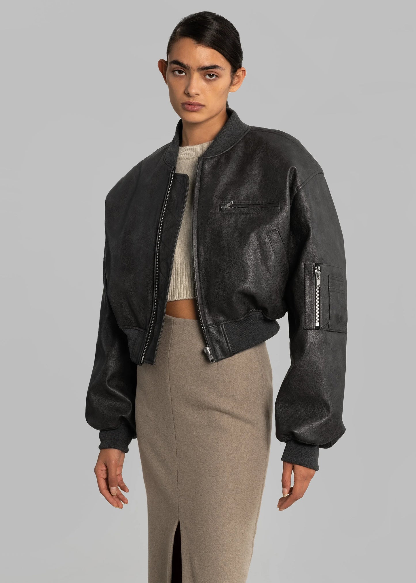 Gae Faux Leather Cropped Bomber - Charcoal