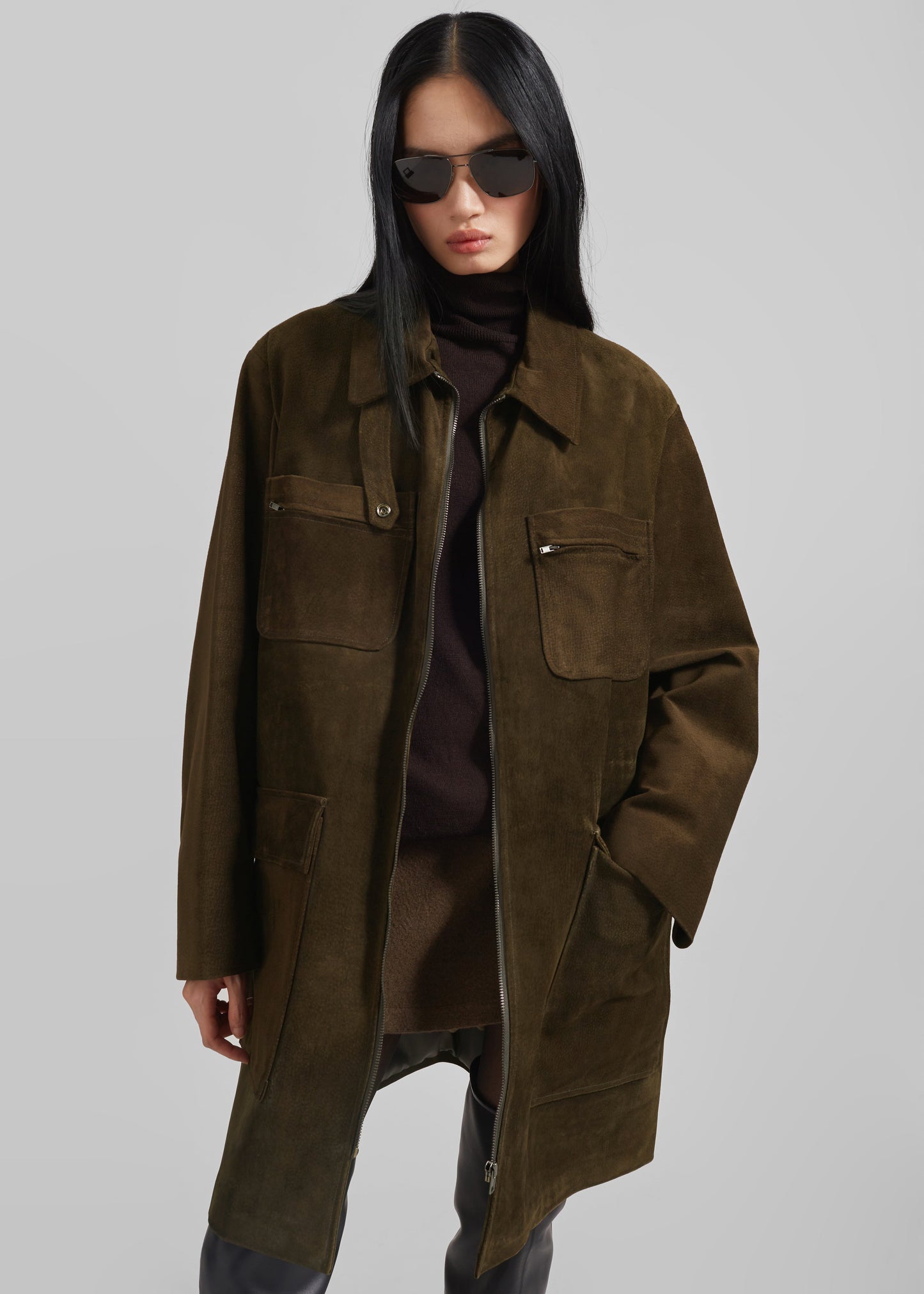 Haillot Suede Long Jacket - Khaki